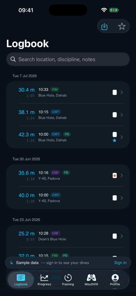 Logbook on iPhone — dives with depth, time and discipline
