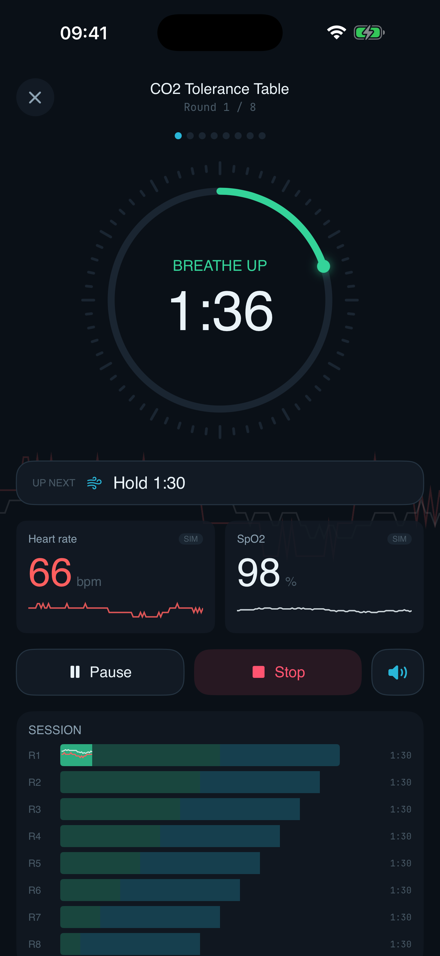 Guided training player on iPhone — breathe up timer with live heart rate